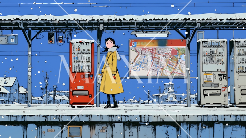 雪の降るホームで電車待ちをしている若い女性