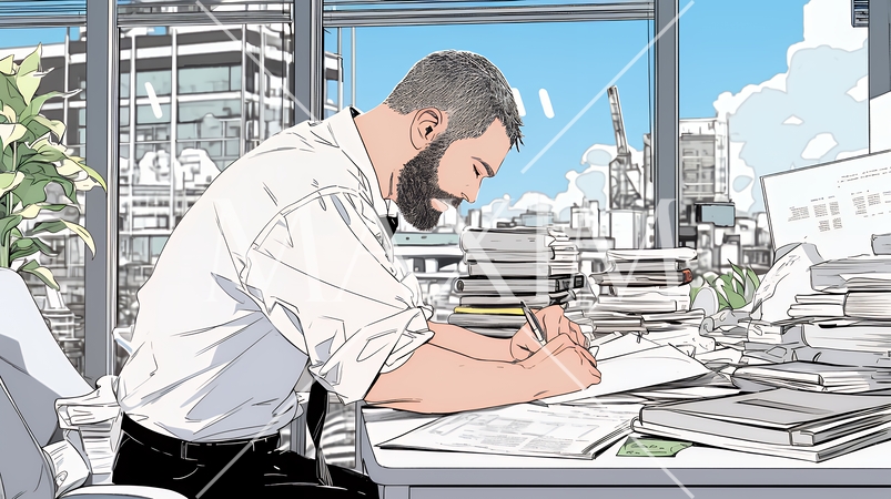 オフィスのデスクで、入念に書類をチェックする男性