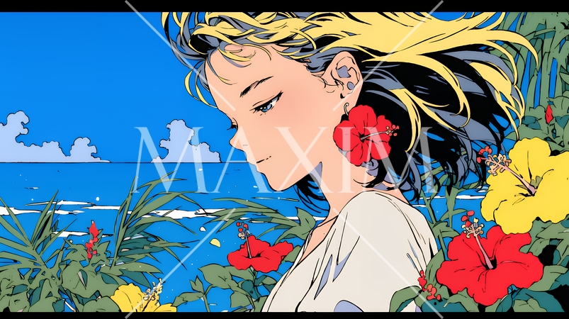 ハイビスカスと若い女性