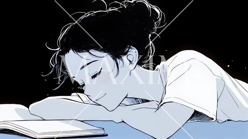 資料（本）を読みながら、うとうと眠ってしまう若い女性（シンプルな色使い）