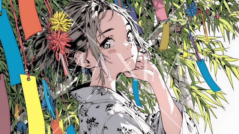 七夕飾りと和服を着た若い女性