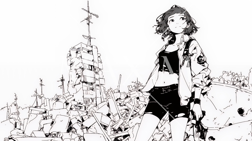 震災や空爆などで破壊された街で孤独に立ちすくむ若い女性（シンプルな色合い）