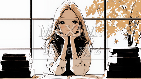 秋の読書を楽しむ若い女性｜静かで落ち着いた秋の日のイラストポートレート（シンプルな色使い）（イラストID:356398-18106）