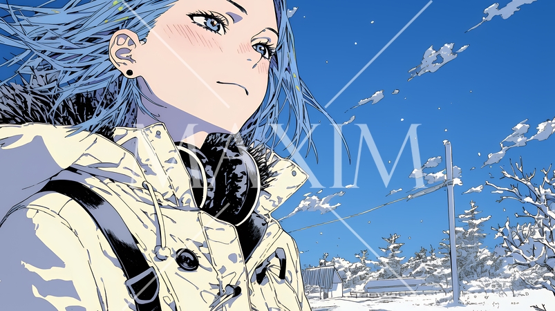 雪の積もる田舎道を歩いている若い女性