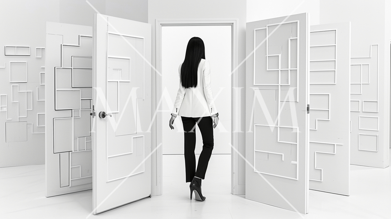 紆余曲折／どこでもドア：どこにつながっているかわからないドアがたくさんあって困惑している女性