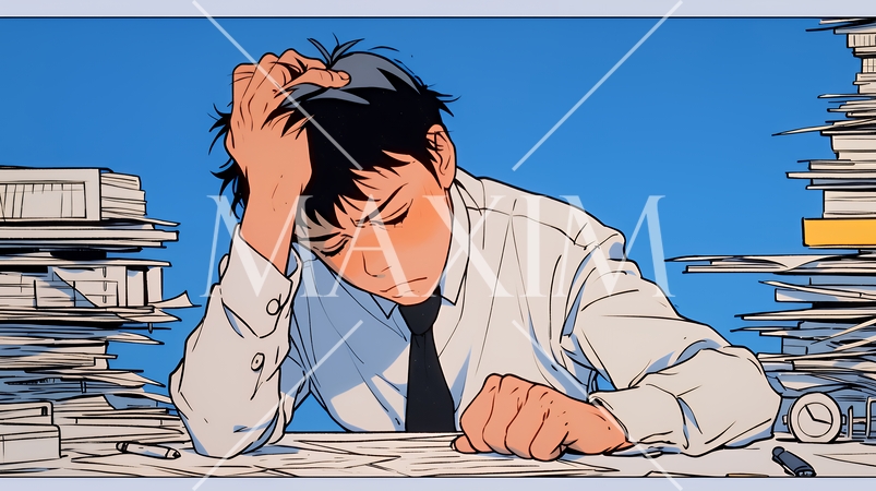 深夜残業で疲弊する会社員｜過労とストレスに悩むビジネスパーソン（ブラック企業イメージ）