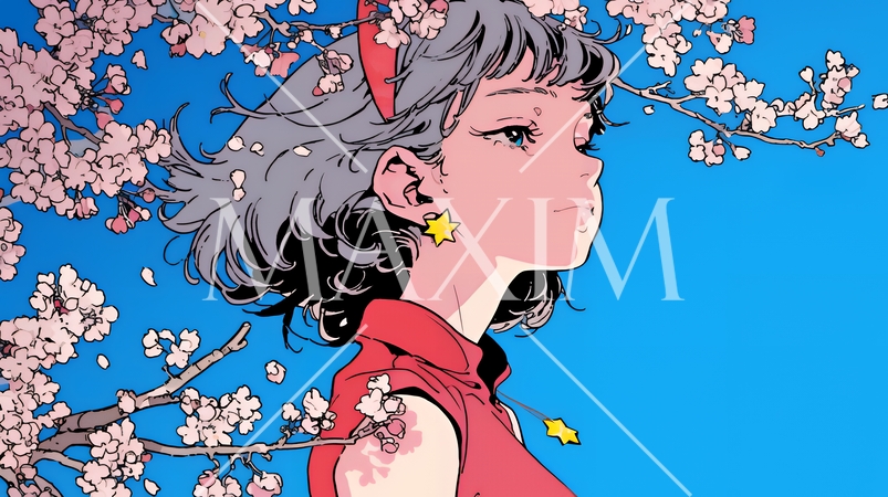 満開の桜の木の下を歩く若い女性