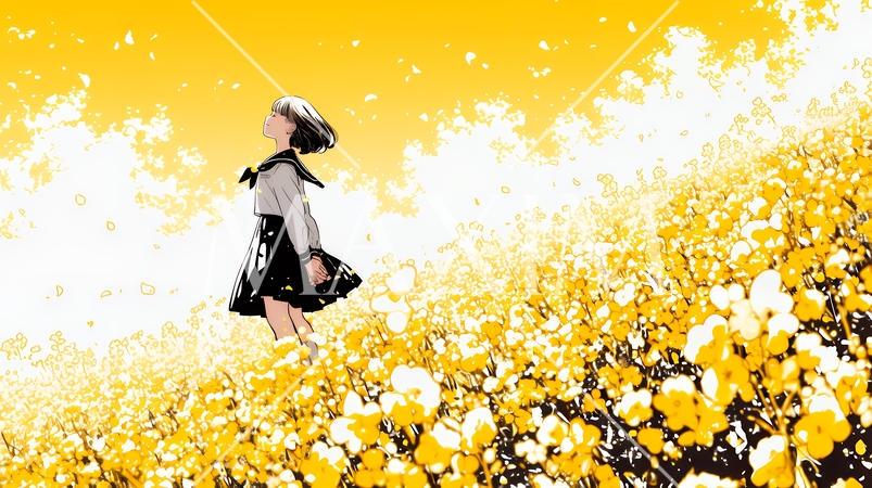 春風の中、菜の花畑にいる制服姿の女子高生