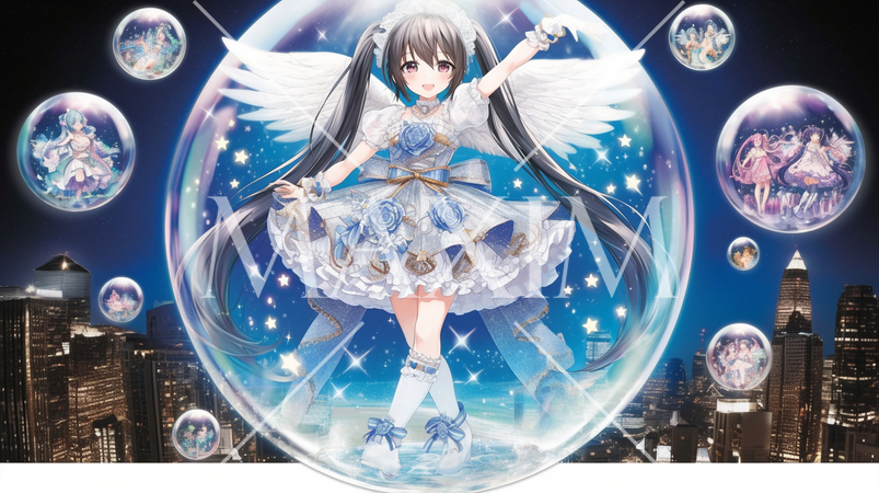 バブル経済まっただ中：都市の上空に天使の入ったバブルが多数浮いている