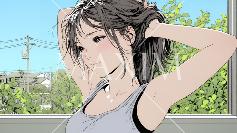 髪をかきあげている（なでている）若い女性