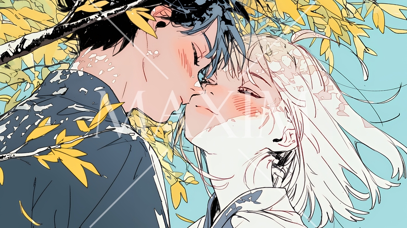 秋の紅葉の下でキスをしている若い恋人たち