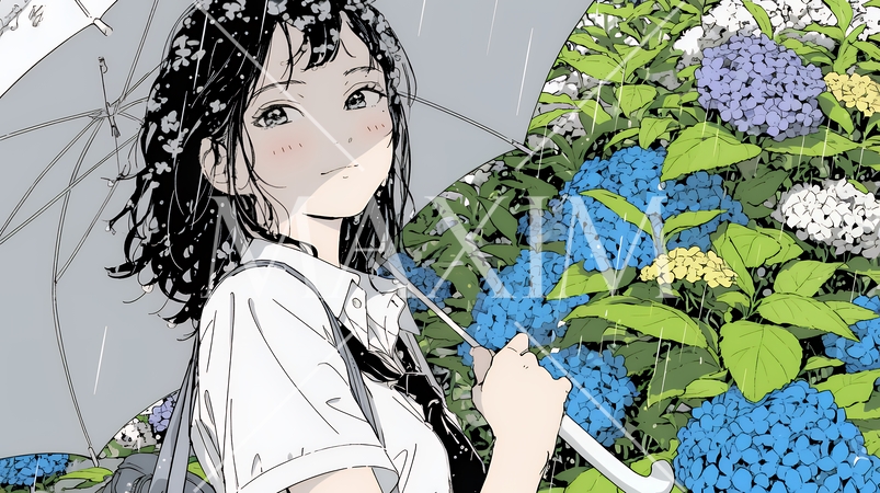 アジサイと梅雨の長雨と若い女性