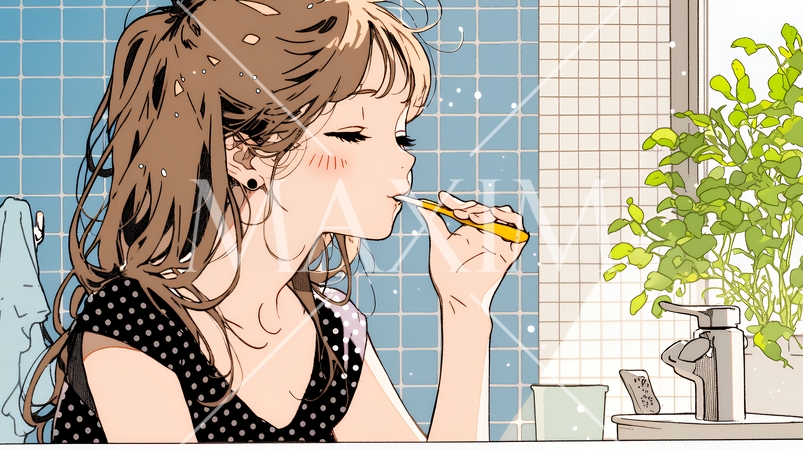 洗面所で朝の歯磨きをする若い女性