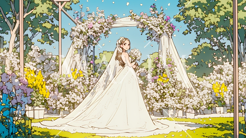 白いウェディングドレスを着ている花嫁：ジューンブライド