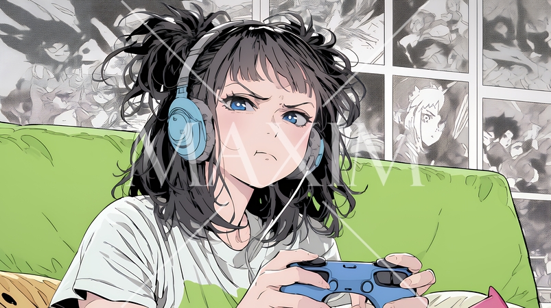 対戦型テレビゲームに没頭している若い女性