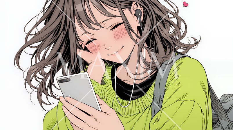 楽しそうにスマホ画面を眺めている若い女性