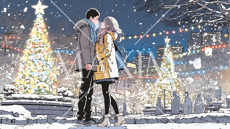 クリスマスイルミネーションの街でデートしているカップル
