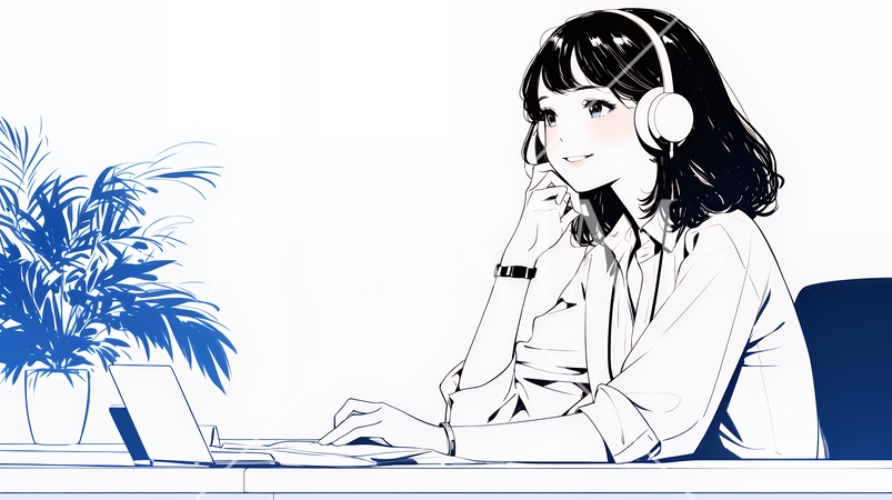 近代的なコールセンターのオフィスで働く女性オペレーター（シンプルな色使い）