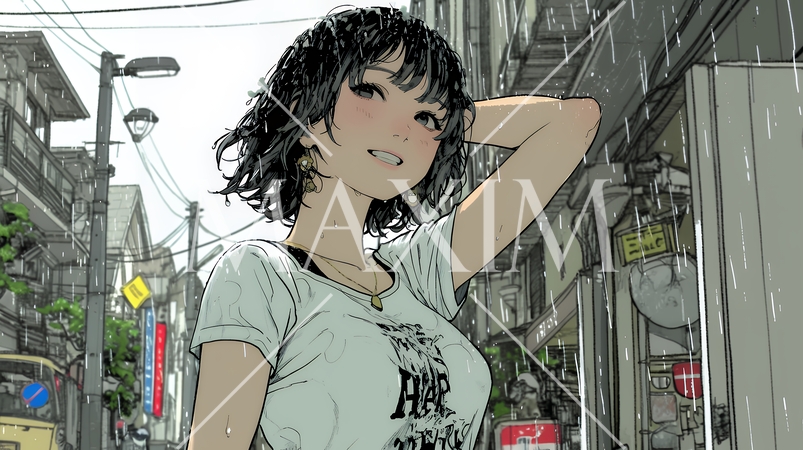 夏の急な雨でびしょ濡れの若い女性