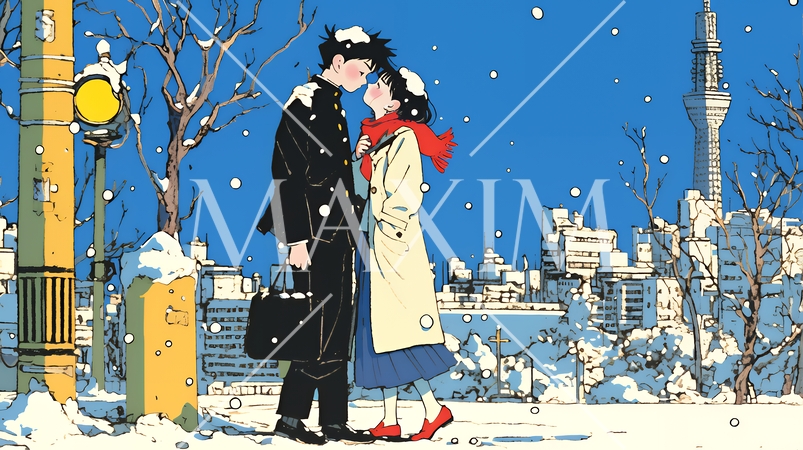 冬枯れ街をデートしている若い恋人たち