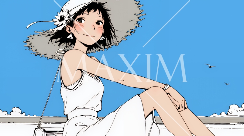 一人旅の若い女性と夏のビーチの風景（シンプルな色使い）