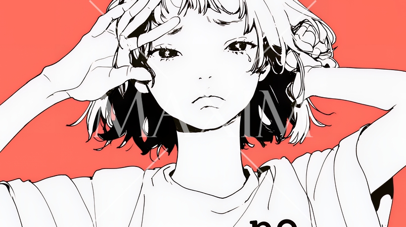 額に手を当てて「困ったな」ポーズをしている若い女性（シンプルな色使い）