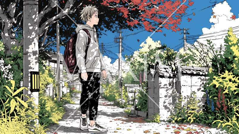 秋の景色：紅葉の小径を歩く若い男性