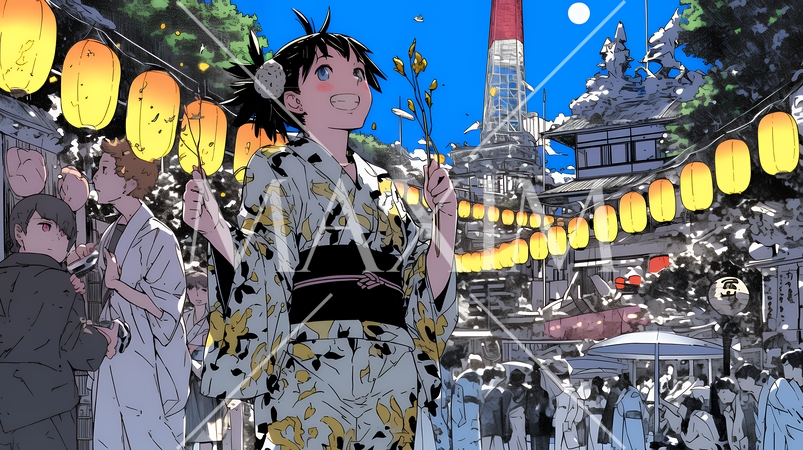 縁日屋台が立ち並び、賑わいを見せる祭りの夜