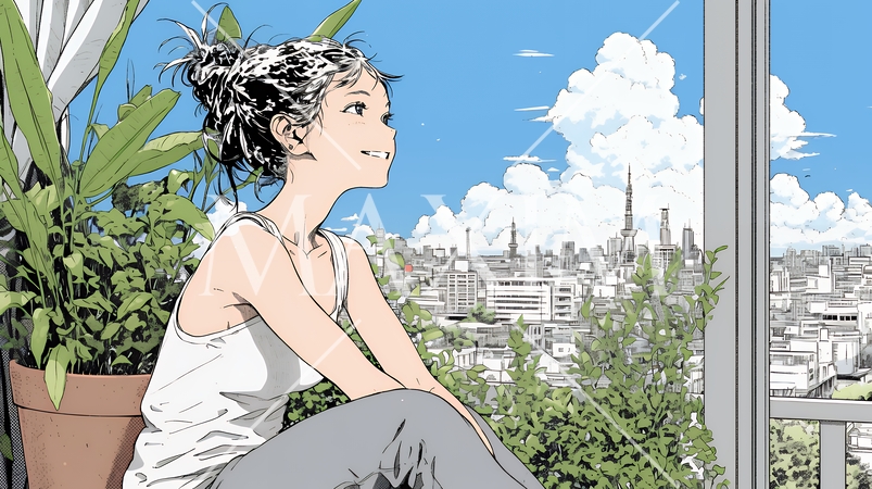 朝、カーテンを開けて天気を確認する若い女性