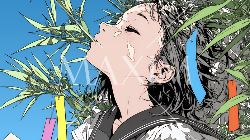 七夕飾りと制服を着た女子高生