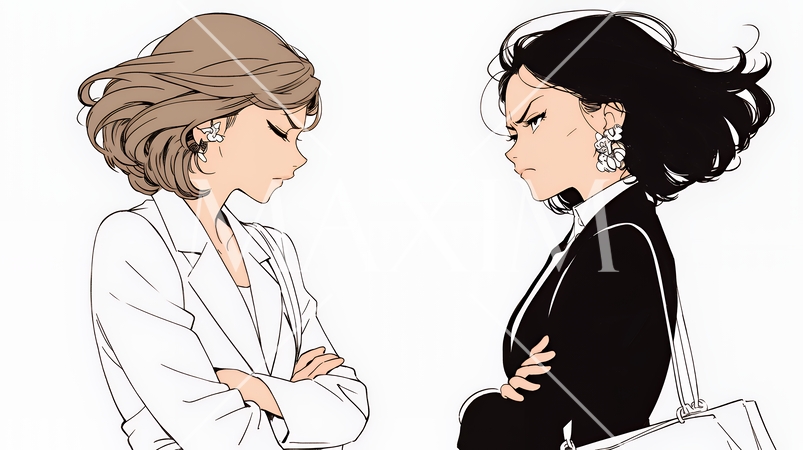 オフィスで言い争いをしているビジネスパーソン（シンプルな色使い）