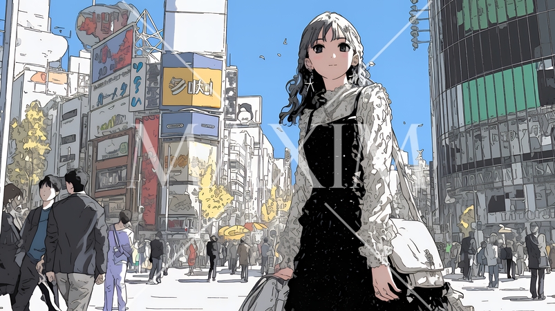 ハロウィン：ゴシックロリータファッションで町を歩く若い女性