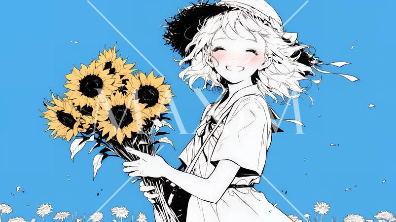 ひまわりと女性（シンプルな色使い）