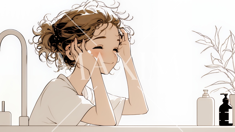 洗面所で朝の洗顔をする女性（シンプルな色使い）