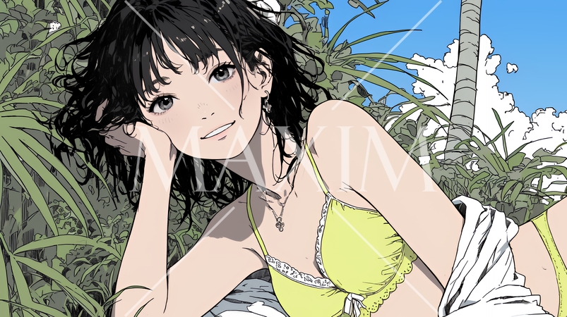 山原の木陰で下着姿で涼んでいる若い女性