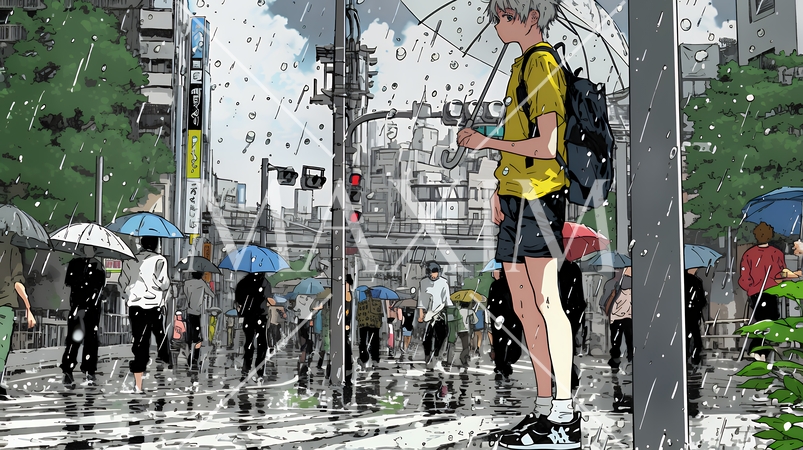 雨の中、黙々と通勤・通学をする人々