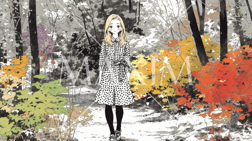 紅葉の公園を散歩している若い女性