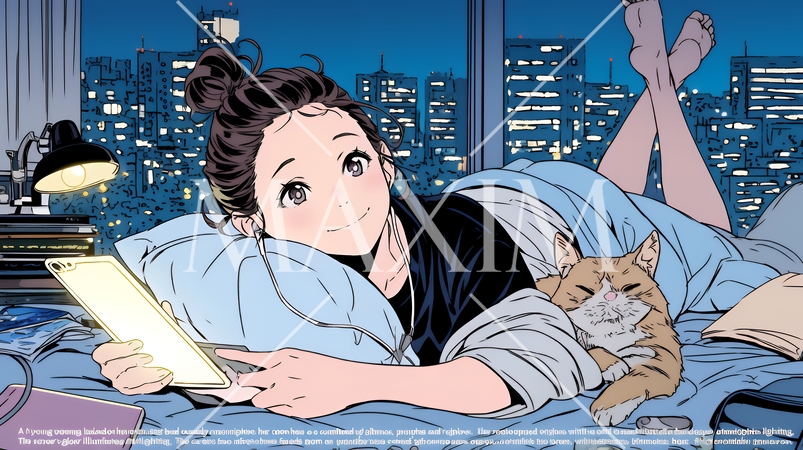 ベッドに横になってスマートフォンをいじくっている若い女性