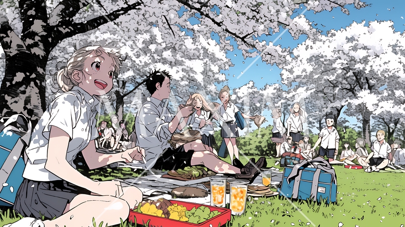 満開の桜の下で仲間たちと花見宴会