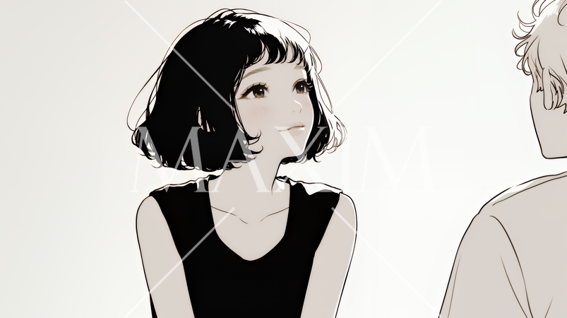 会議で発表している男性に魅了され、新しい恋の予感を抱いた若い女性（シンプルな色使い）