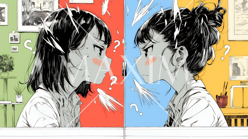 互いに相手の意見を十分に理解できないまま対話を続ける二人のビジネスウーマン