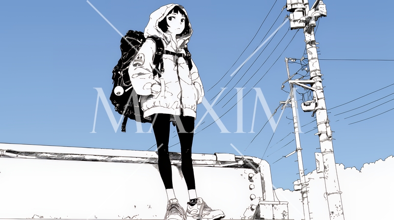 若い女性が佇む都市の街角（シンプルな色使い）