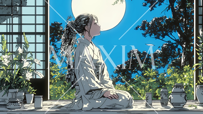 月見をしている和服姿の若い女性