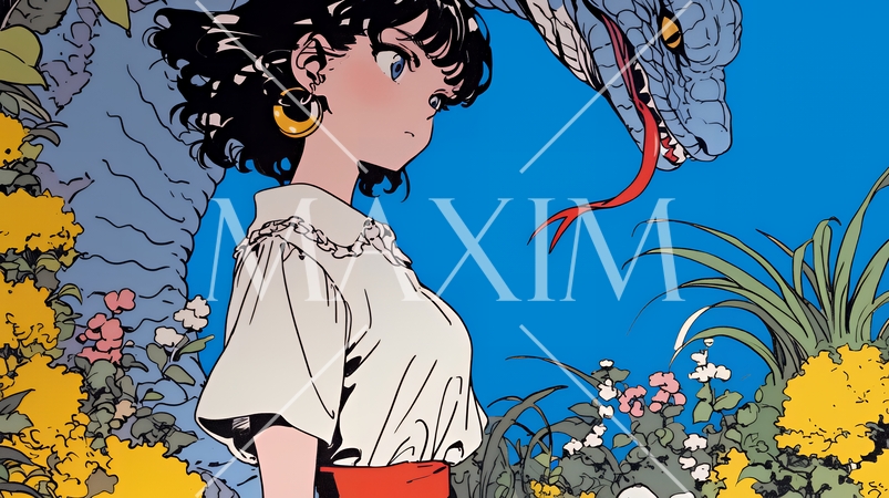 年賀状用：ヘビとなかよしの若い女性