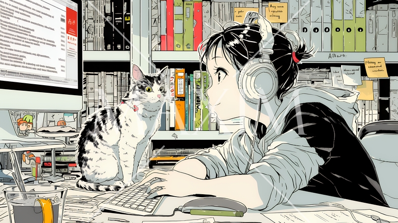 自宅でのリモートワークの場面：ペットのネコと奮闘中