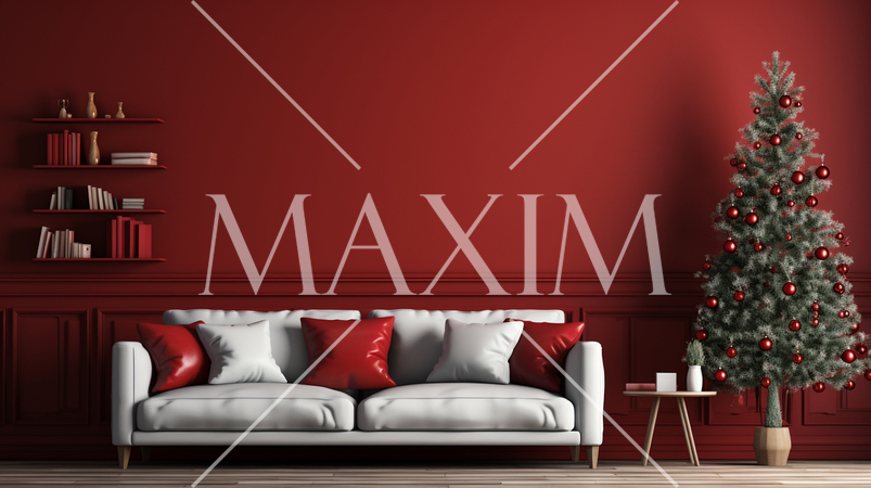 クリスマスツリー飾りのある赤色基調の居間