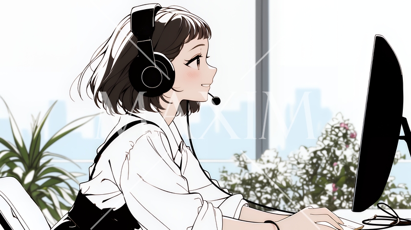 近代的なコールセンターのオフィスで働く女性オペレーター（シンプルな色使い）
