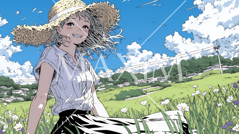 スカートを揺らしながら春風と戯れている若い女性