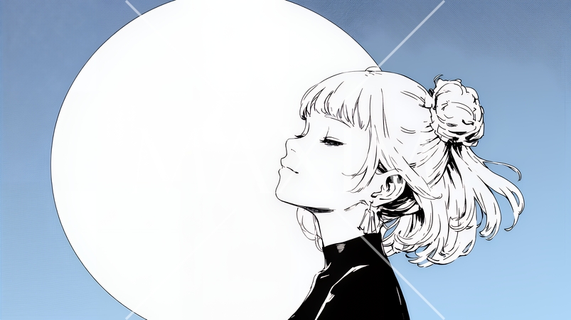 月見をしている若い女性（シンプルな色使い）