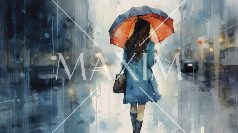 雨降りの街角に女性が傘をさしている風景：　水彩画